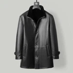 Men's Slim Goatskin Lapel Leather Mid-length Thickened Lamb Coat Fur Black. Fixed Price $410.25.